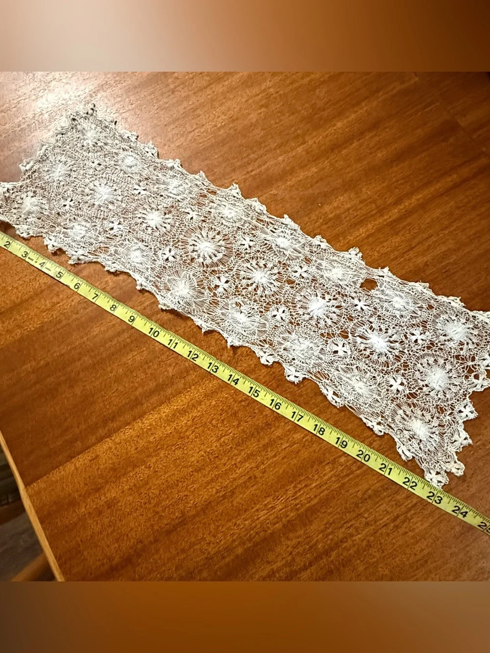 Vintage Delicate Dainty Lace Off Antique White Runner 7” x 23”